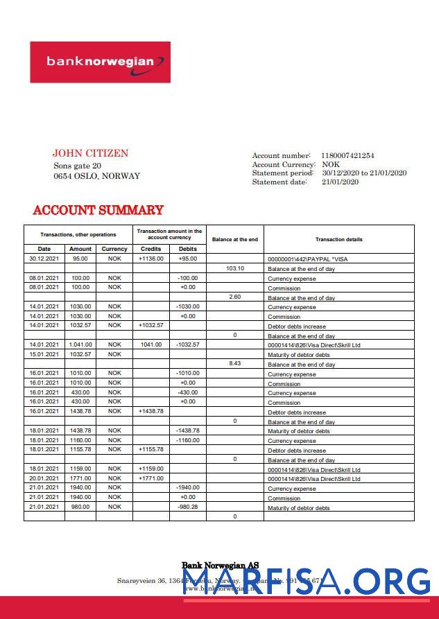 Blank Norway Bank Norwegian AS bank statement word download for verification